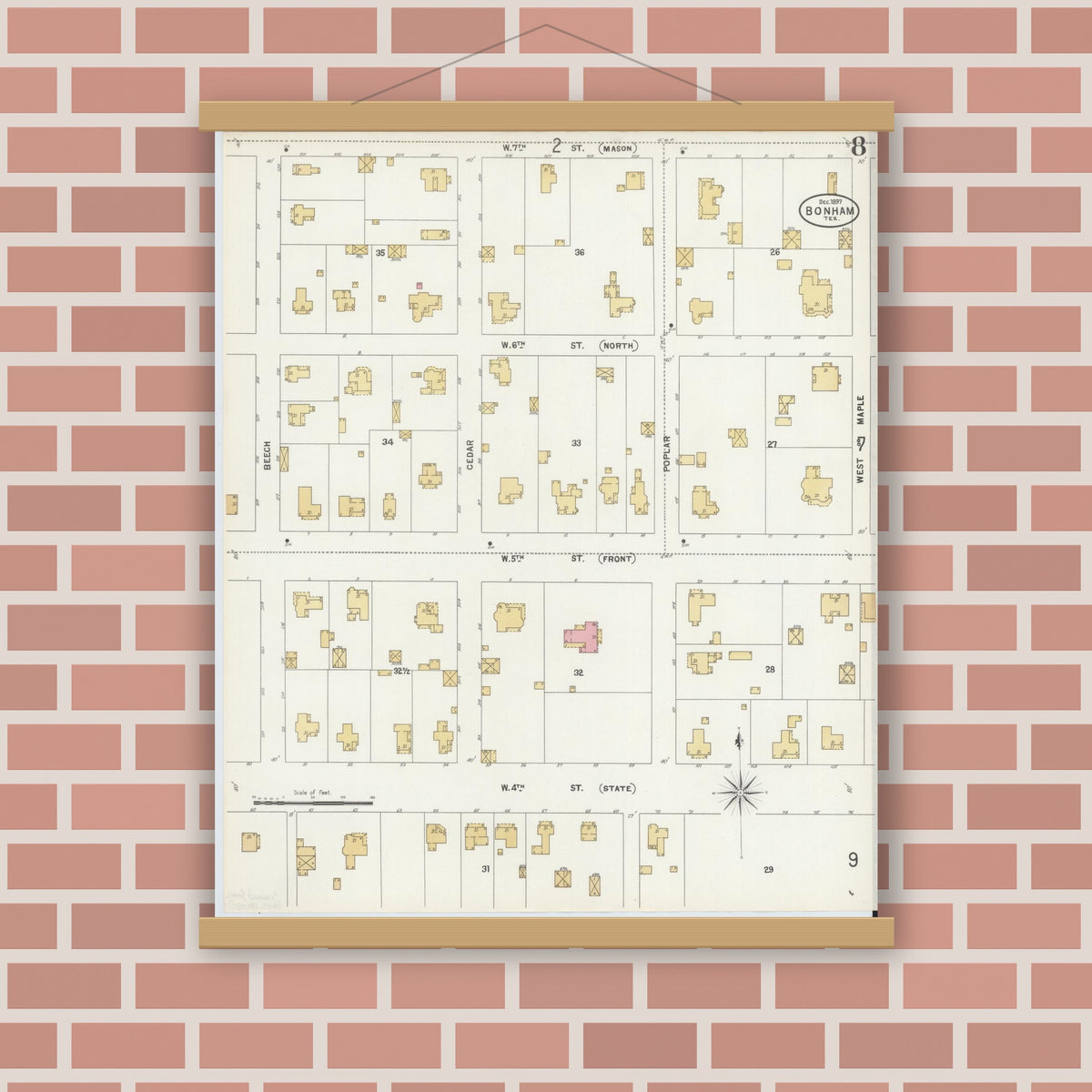 Old map wall art mockup — magnetic wood frame on brick wall — Sanborn Fire Insurance Map from Bonham, Fannin County, Texas (1897), Sheet #0008