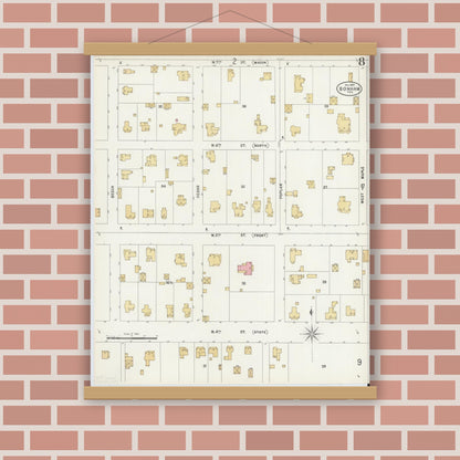 Old map wall art mockup — magnetic wood frame on brick wall — Sanborn Fire Insurance Map from Bonham, Fannin County, Texas (1897), Sheet #0008