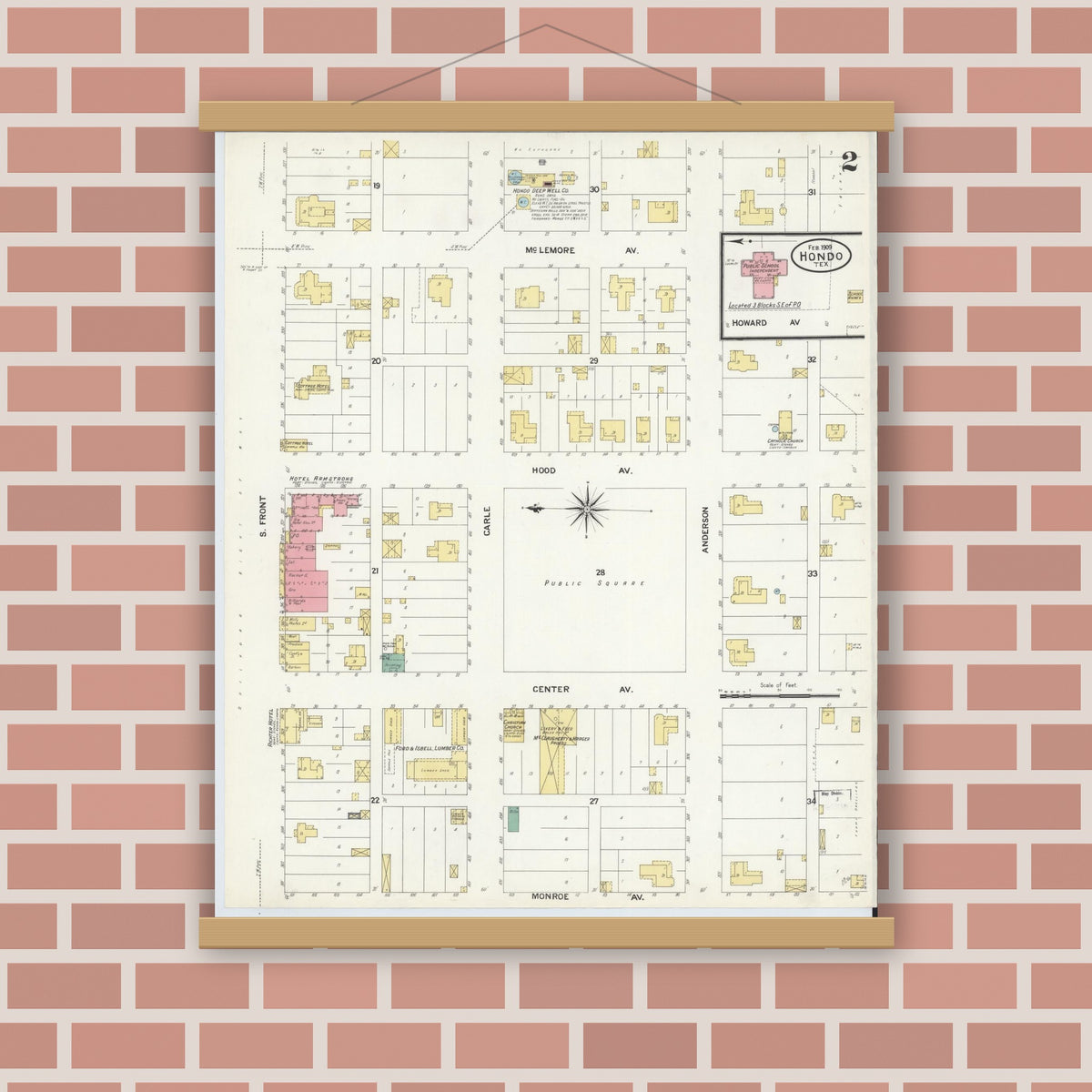 Old map wall art mockup — magnetic wood frame on brick wall — Sanborn Fire Insurance Map from Hondo, Medina County, Texas (1909), Sheet #0002