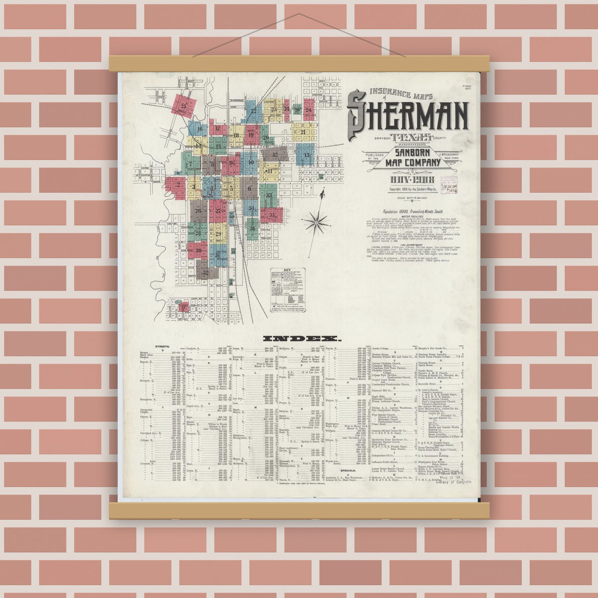 Old map wall art mockup — magnetic wood frame on brick wall — Sanborn Fire Insurance Map from Sherman, Grayson County, Texas (1908), Sheet #0001