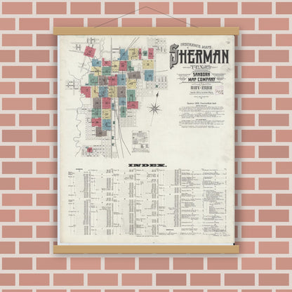 Old map wall art mockup — magnetic wood frame on brick wall — Sanborn Fire Insurance Map from Sherman, Grayson County, Texas (1908), Sheet #0001