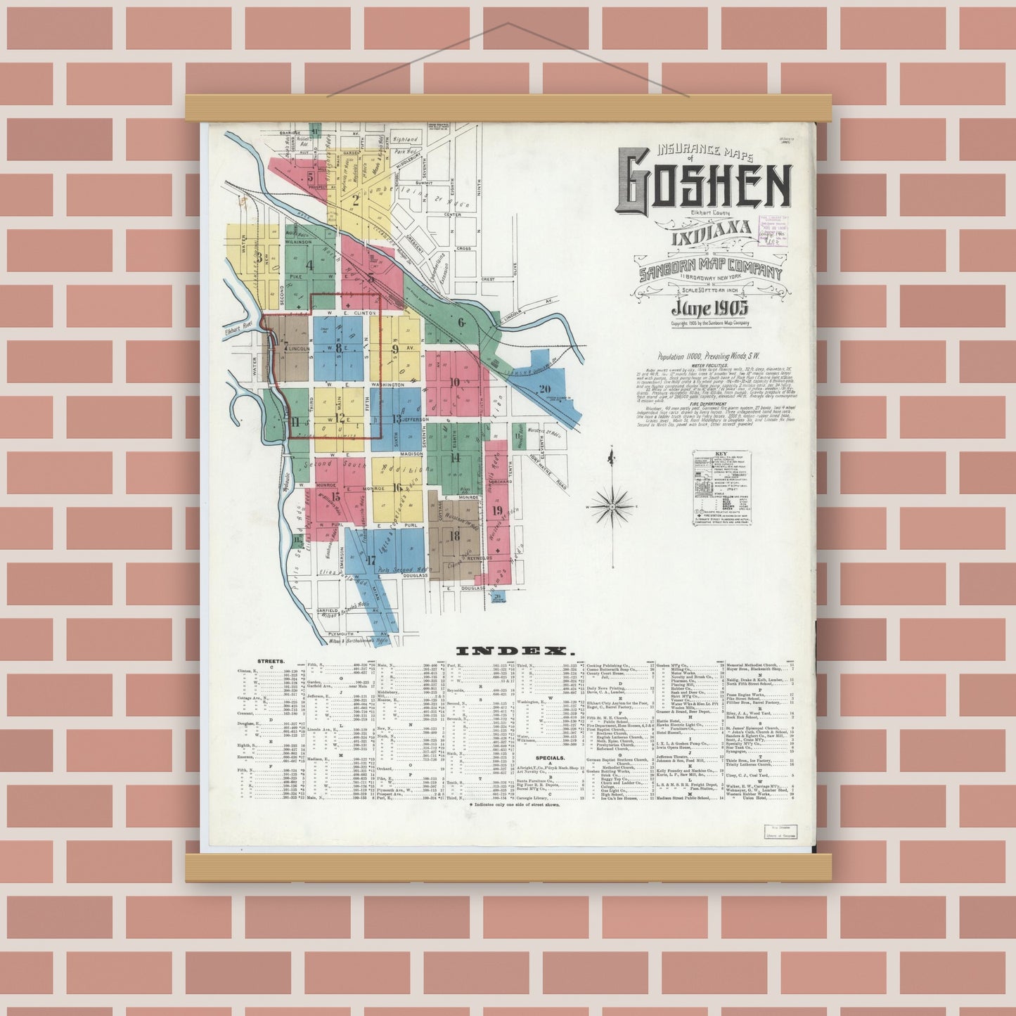 Old map wall art mockup — magnetic wood frame on brick wall — Sanborn Fire Insurance Map from Goshen, Elkhart County, Indiana (1905) - Complete Map Set