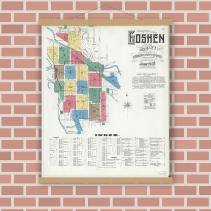 Old map wall art mockup — magnetic wood frame on brick wall — Sanborn Fire Insurance Map from Goshen, Elkhart County, Indiana (1905) - Complete Map Set