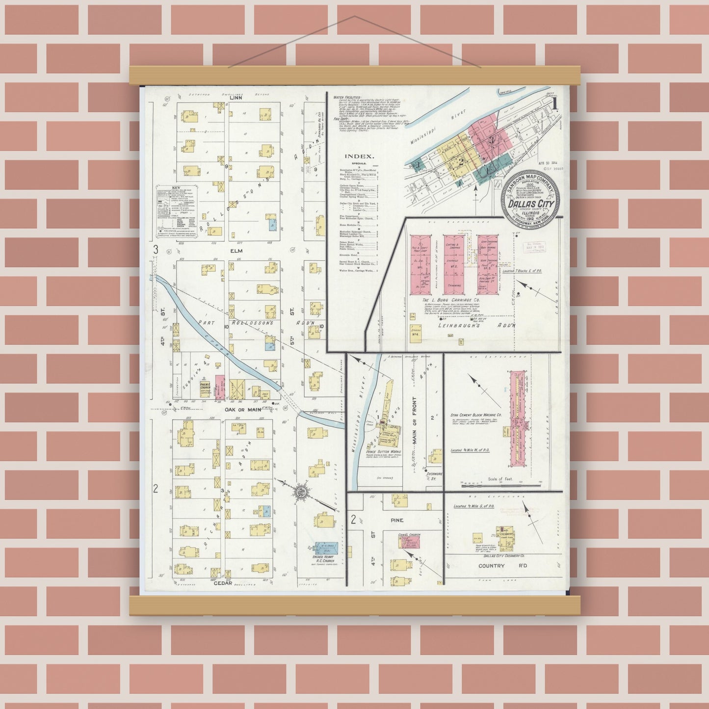 Old map wall art mockup — magnetic wood frame on brick wall — Sanborn Fire Insurance Map from Dallas City, Hancock County, Illinois (1912) - Complete Map Set