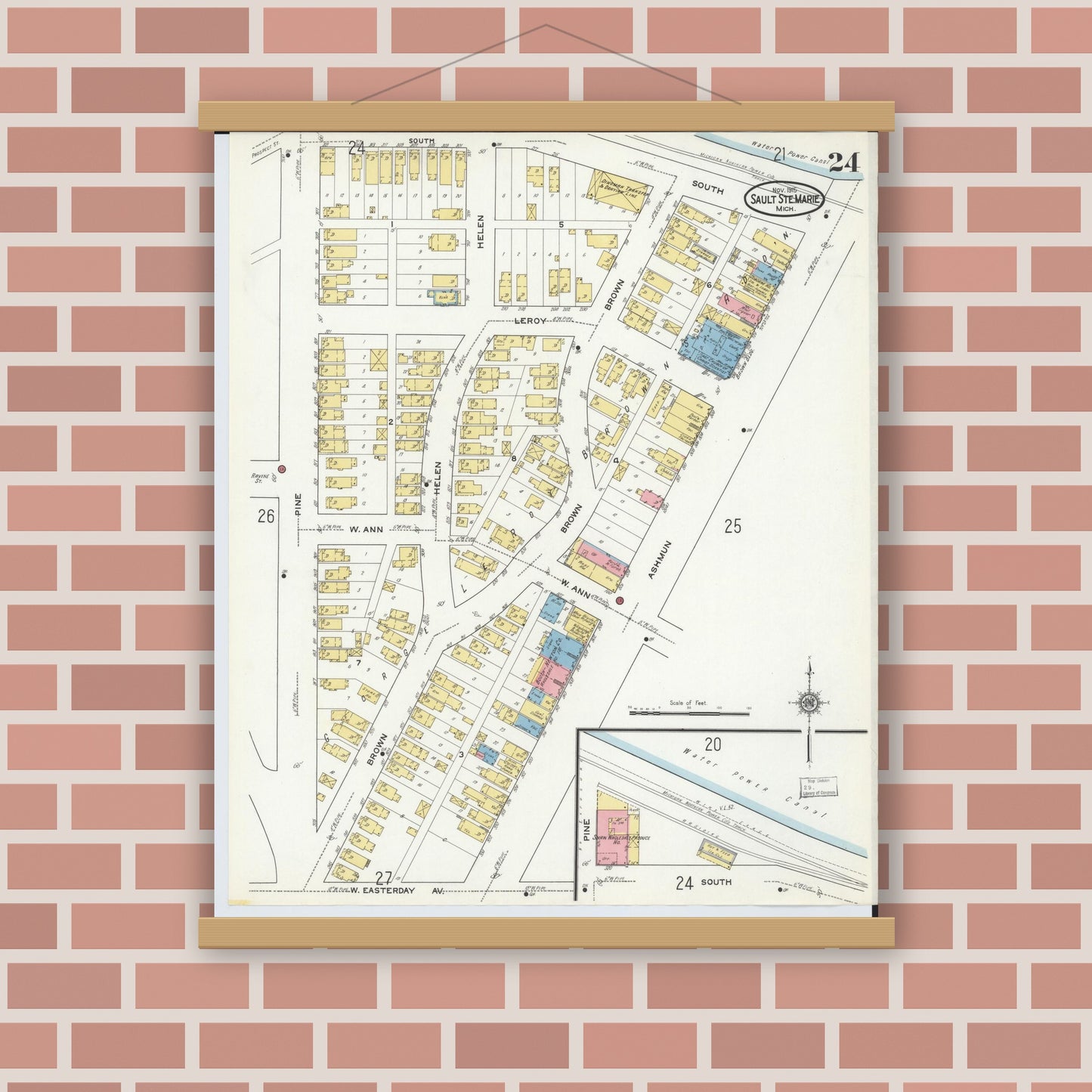 Old map wall art mockup — magnetic wood frame on brick wall — Sanborn Fire Insurance Map from Sault Sainte Marie, Chippewa County, Michigan (1915), Sheet #0024