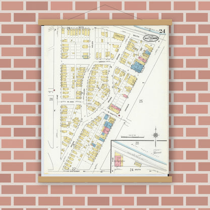 Old map wall art mockup — magnetic wood frame on brick wall — Sanborn Fire Insurance Map from Sault Sainte Marie, Chippewa County, Michigan (1915), Sheet #0024