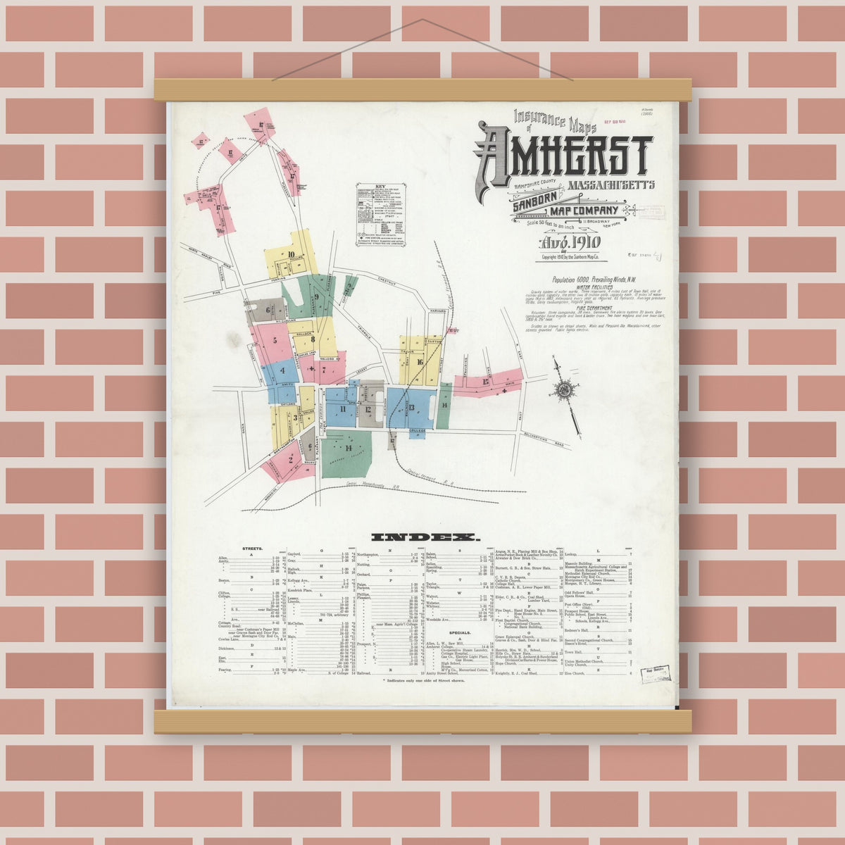 Old map wall art mockup — magnetic wood frame on brick wall — Sanborn Fire Insurance Map from Amherst, Hampshire County, Massachusetts (1910), Sheet #0001