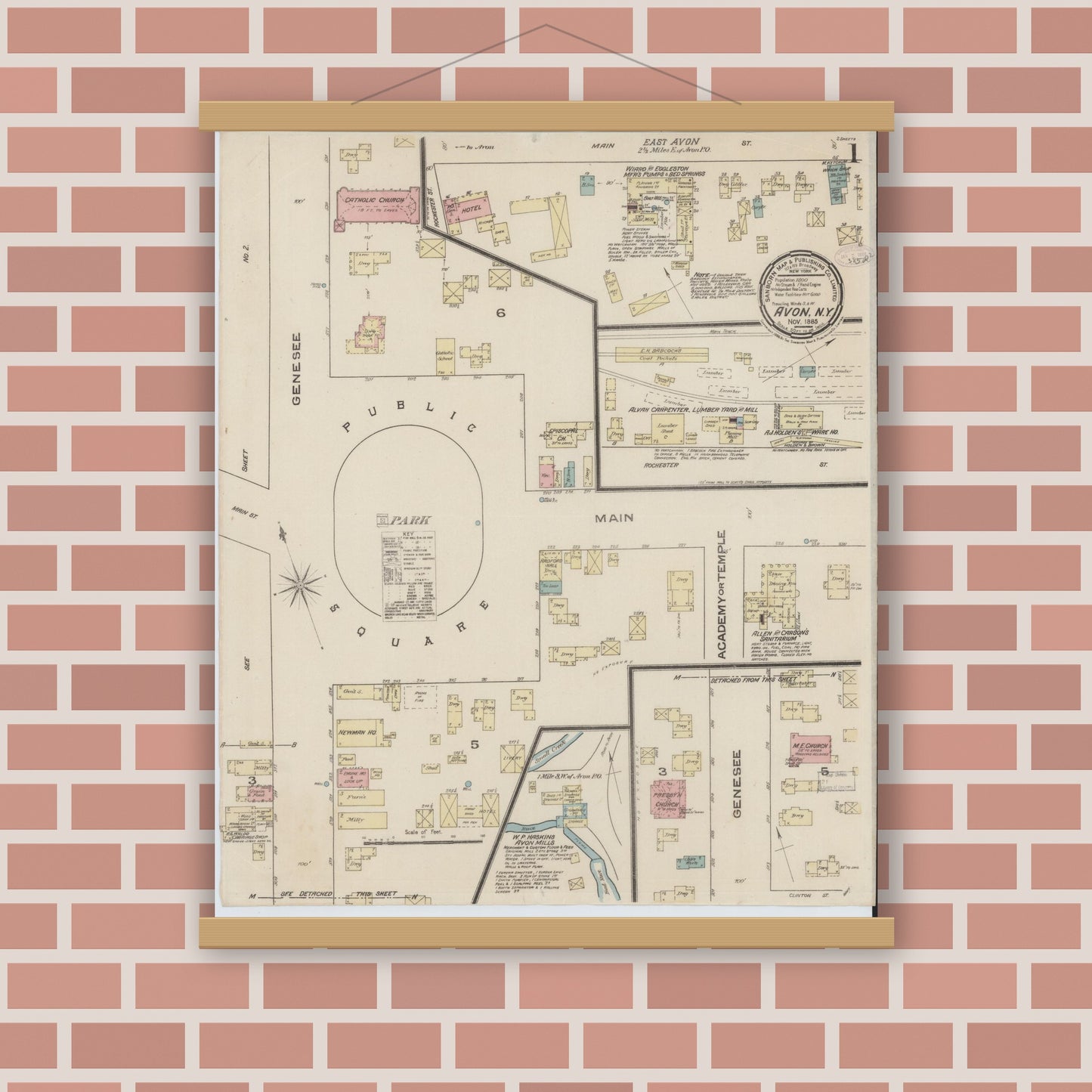 Old map wall art mockup — magnetic wood frame on brick wall — Sanborn Fire Insurance Map from Avon, Livingston County, New York (1885) - Complete Map Set