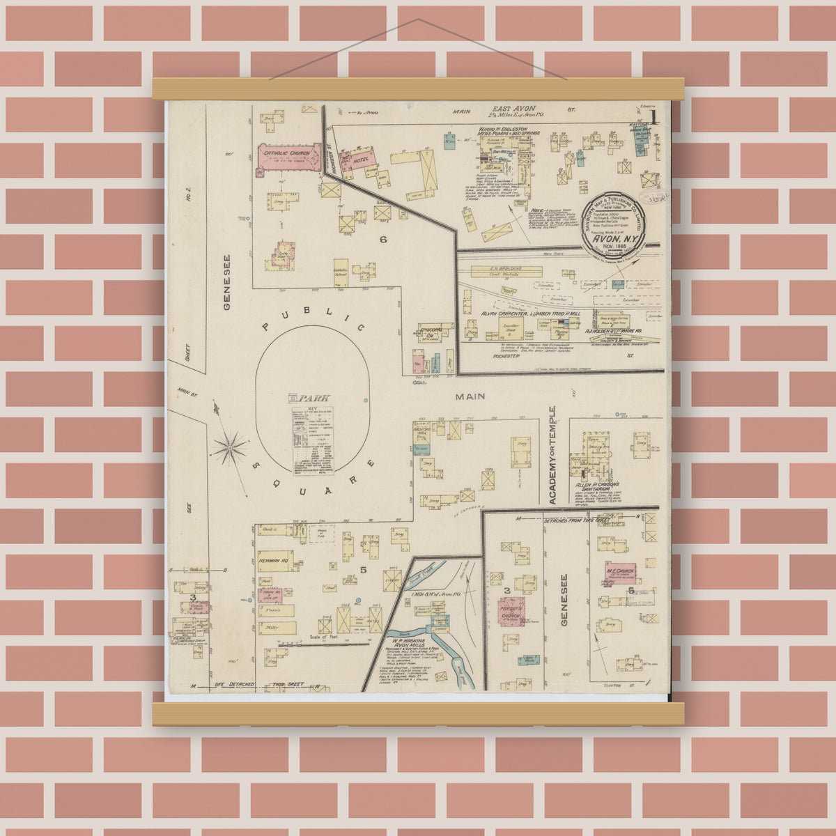 Old map wall art mockup — magnetic wood frame on brick wall — Sanborn Fire Insurance Map from Avon, Livingston County, New York (1885) - Complete Map Set