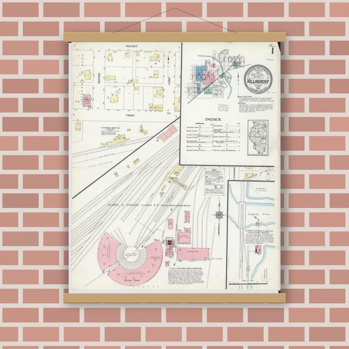 Old map wall art mockup — magnetic wood frame on brick wall — Sanborn Fire Insurance Map from Villa Grove, Douglas County, Illinois (1914), Sheet #0001
