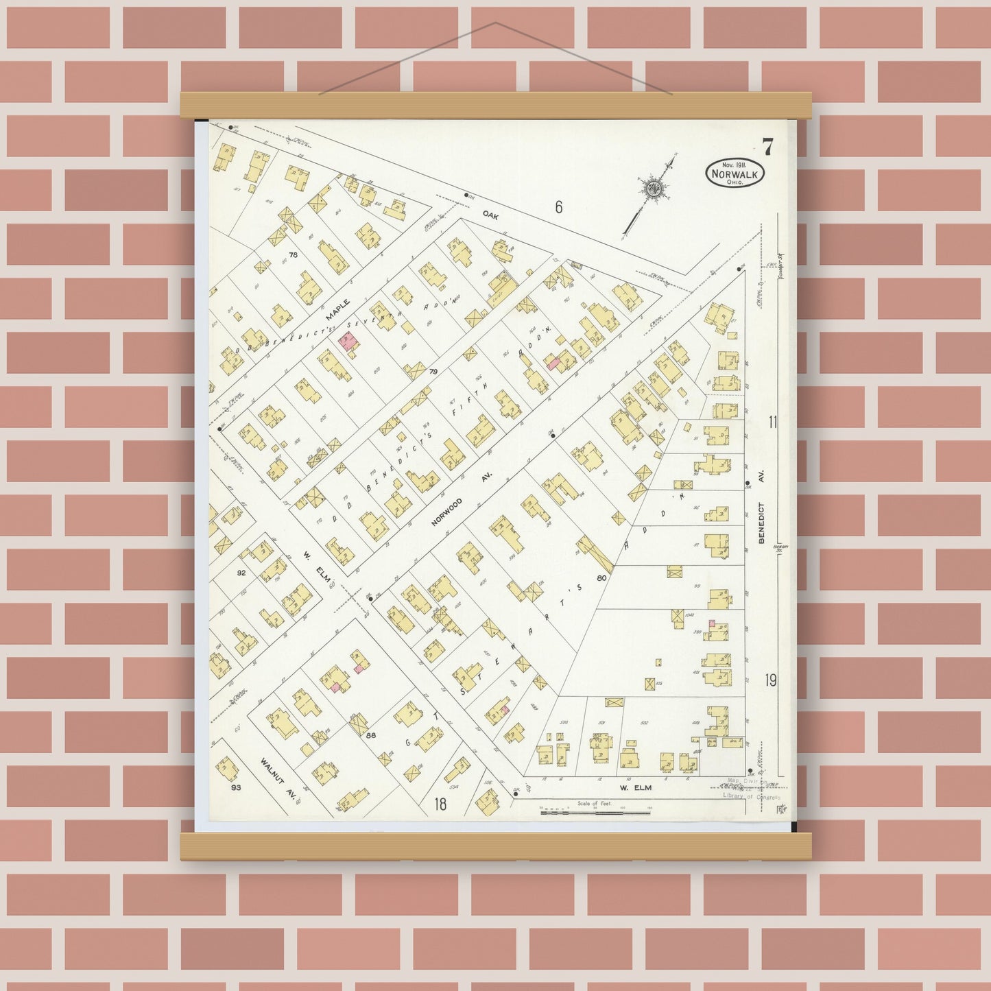 Old map wall art mockup — magnetic wood frame on brick wall — Sanborn Fire Insurance Map from Norwalk, Huron County, Ohio (1911), Sheet #0007