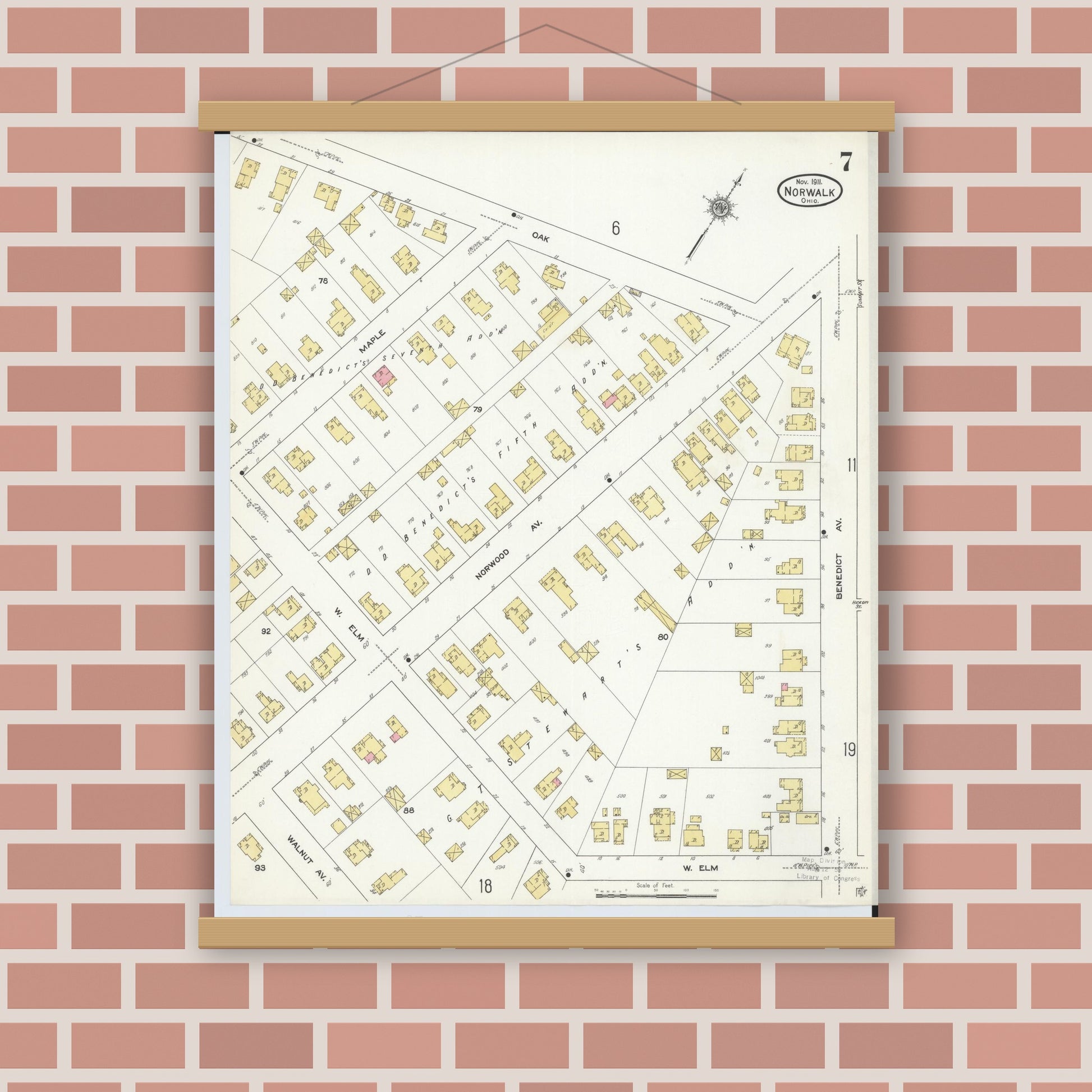 Old map wall art mockup — magnetic wood frame on brick wall — Sanborn Fire Insurance Map from Norwalk, Huron County, Ohio (1911), Sheet #0007