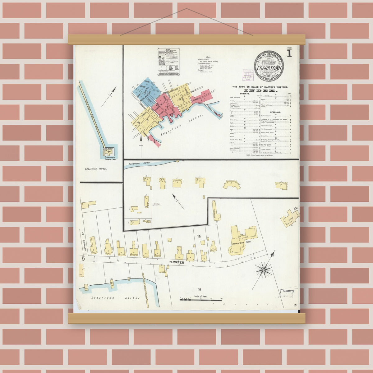 Old map wall art mockup — magnetic wood frame on brick wall — Sanborn Fire Insurance Map from Edgartown, Dukes County, Massachusetts (1904), Sheet #0001