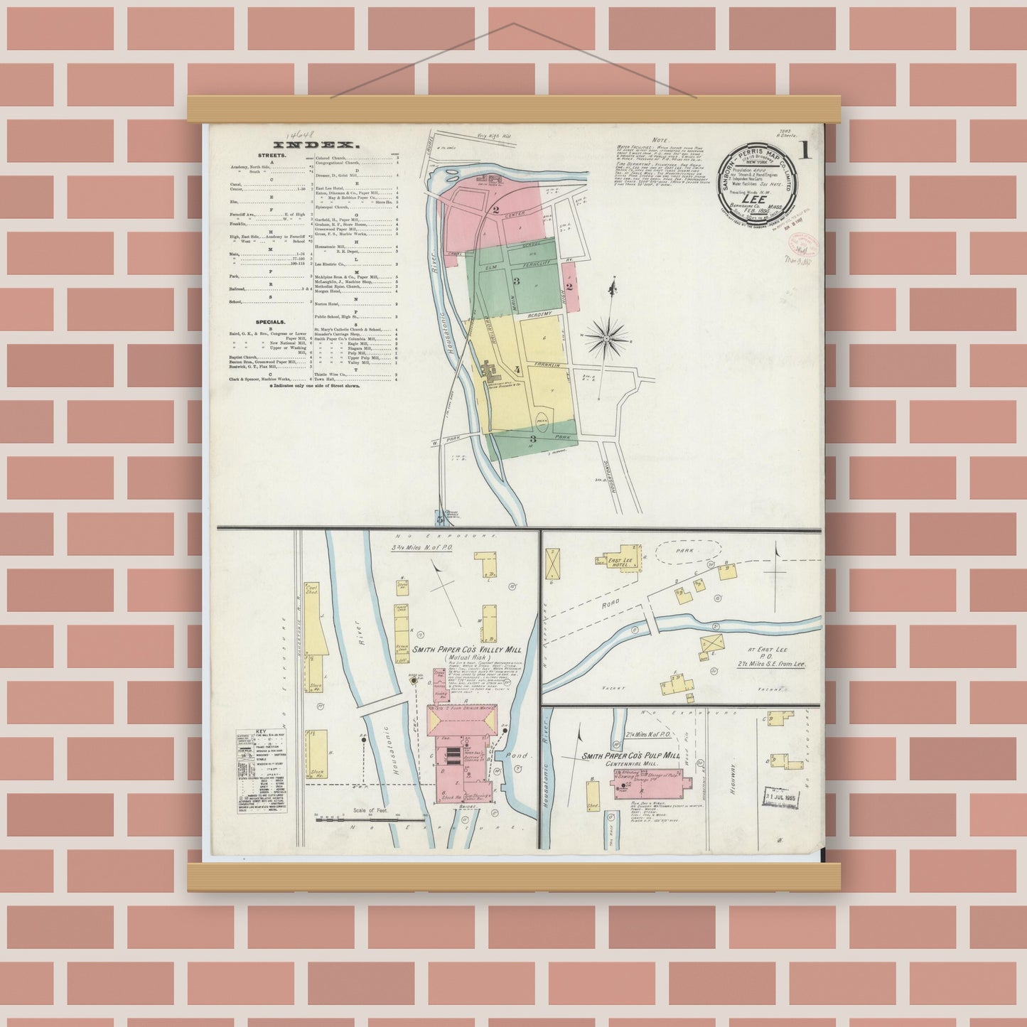 Old map wall art mockup — magnetic wood frame on brick wall — Sanborn Fire Insurance Map from Lee, Berkshire County, Massachusetts (1895), Sheet #0001