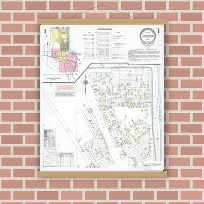 Old map wall art mockup — magnetic wood frame on brick wall — Sanborn Fire Insurance Map from Lakeview, Logan County, Ohio (1951), Sheet #0001