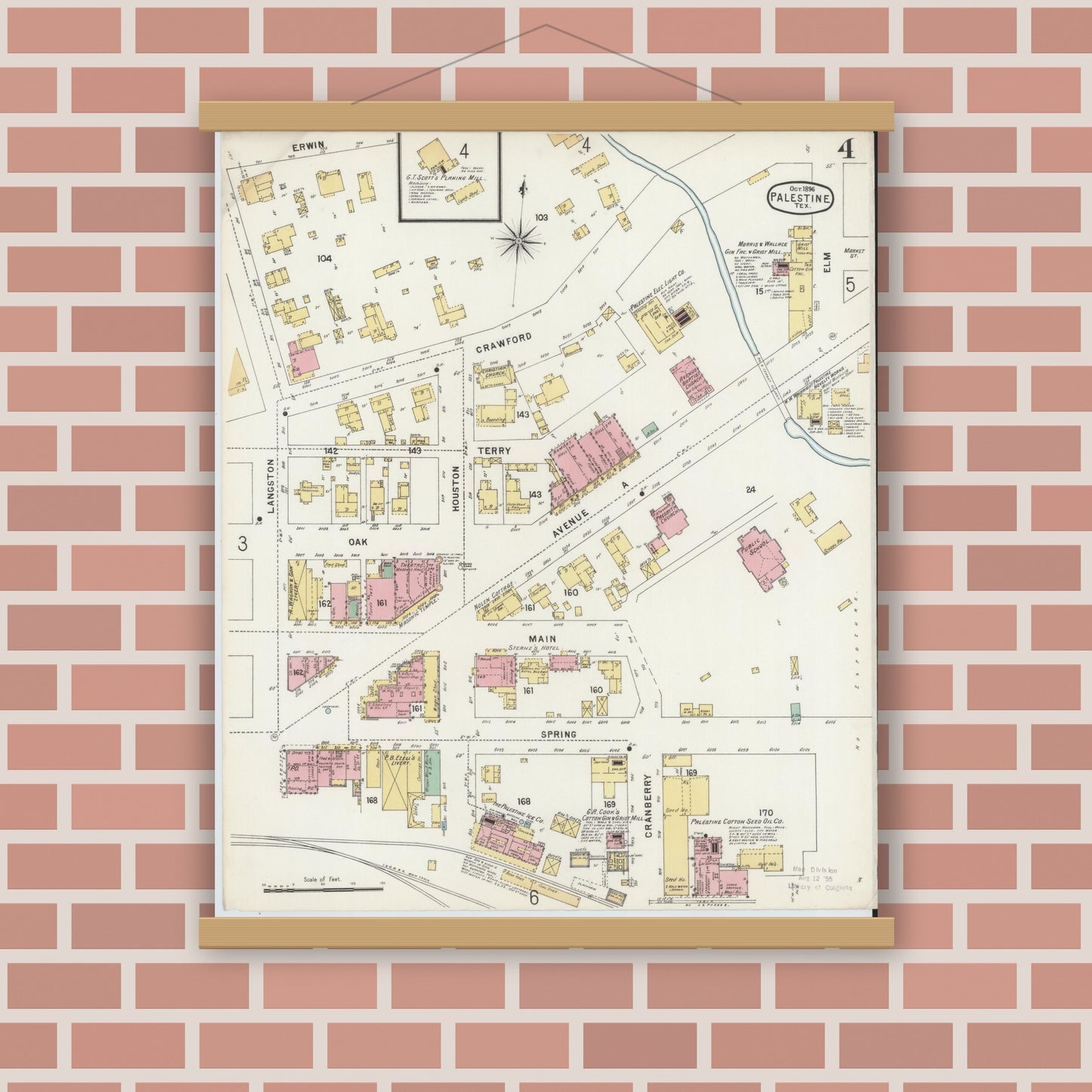 Old map wall art mockup — magnetic wood frame on brick wall — Sanborn Fire Insurance Map from Palestine, Anderson County, Texas (1896), Sheet #0004