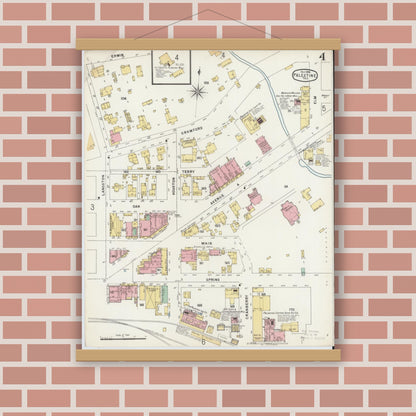 Old map wall art mockup — magnetic wood frame on brick wall — Sanborn Fire Insurance Map from Palestine, Anderson County, Texas (1896), Sheet #0004