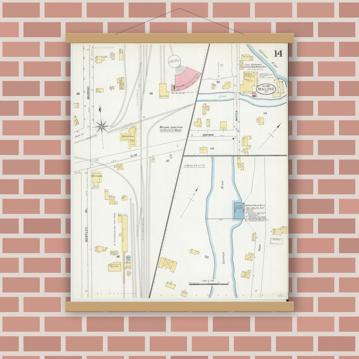 Old map wall art mockup — magnetic wood frame on brick wall — Sanborn Fire Insurance Map from Malone, Franklin County, New York (1903), Sheet #0014