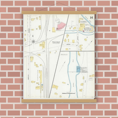 Old map wall art mockup — magnetic wood frame on brick wall — Sanborn Fire Insurance Map from Malone, Franklin County, New York (1903), Sheet #0014