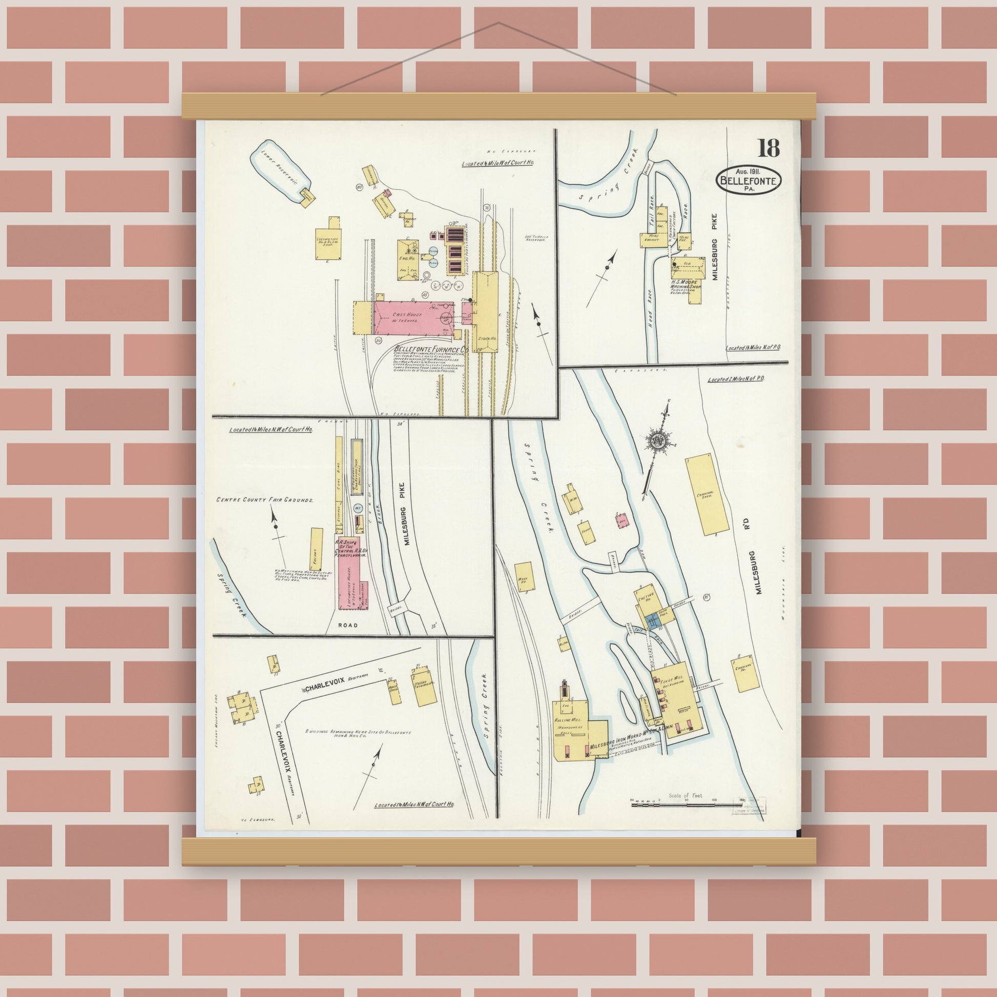 Old map wall art mockup — magnetic wood frame on brick wall — Sanborn Fire Insurance Map from Bellefonte, Centre County, Pennsylvania (1911), Sheet #0018