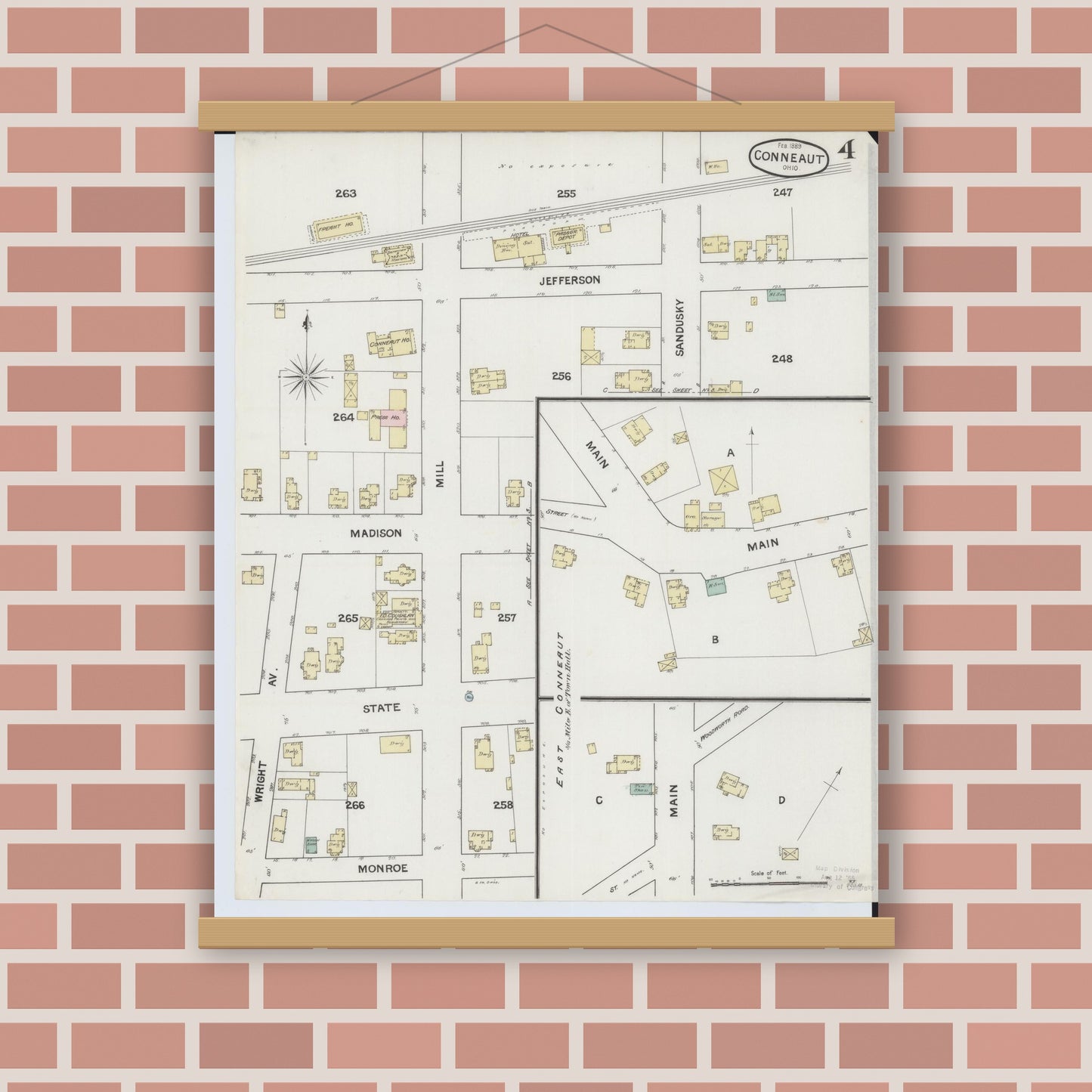Old map wall art mockup — magnetic wood frame on brick wall — Sanborn Fire Insurance Map from Conneaut, Ashtabula County, Ohio (1889), Sheet #0004
