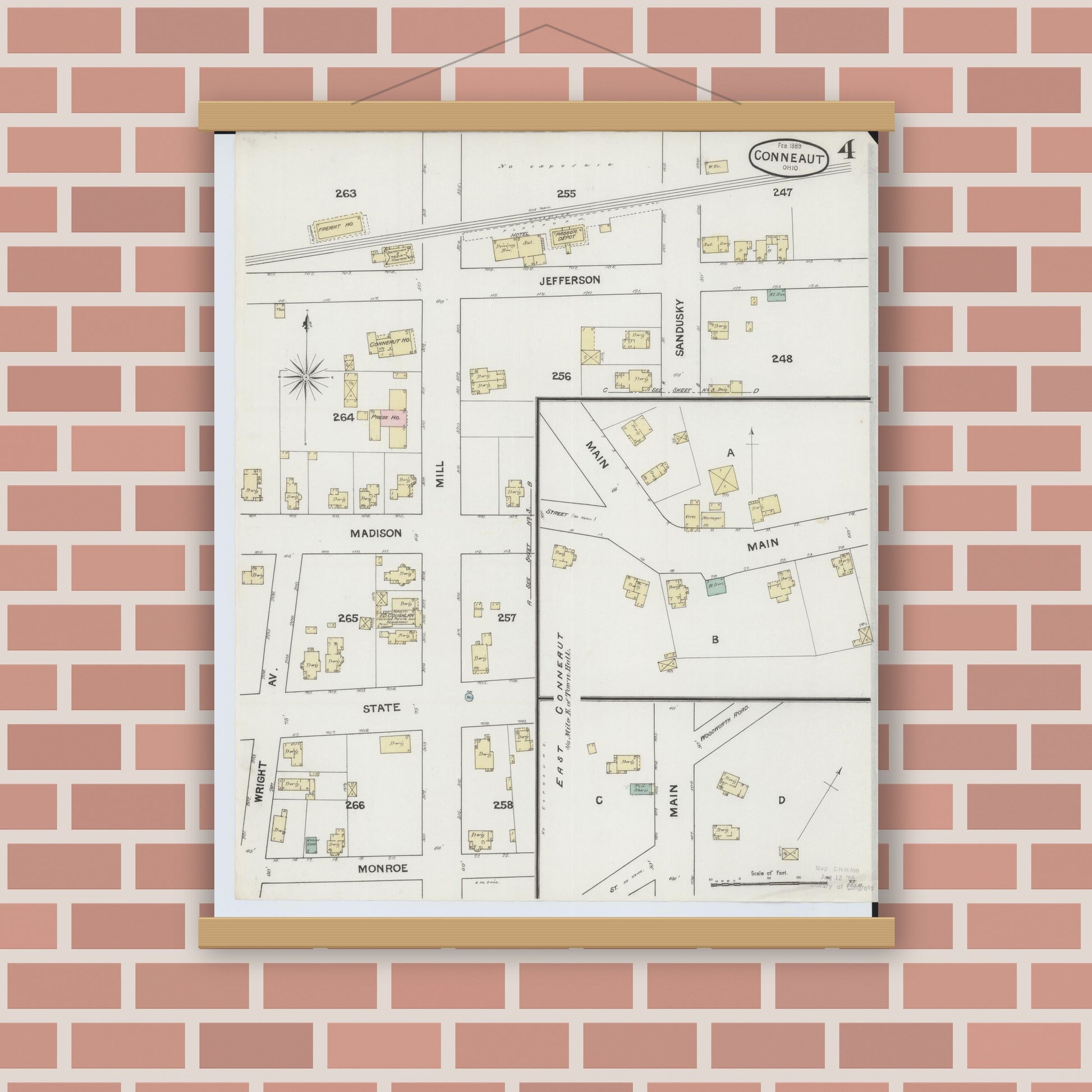 Old map wall art mockup — magnetic wood frame on brick wall — Sanborn Fire Insurance Map from Conneaut, Ashtabula County, Ohio (1889), Sheet #0004