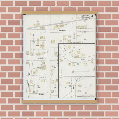 Old map wall art mockup — magnetic wood frame on brick wall — Sanborn Fire Insurance Map from Conneaut, Ashtabula County, Ohio (1889), Sheet #0004