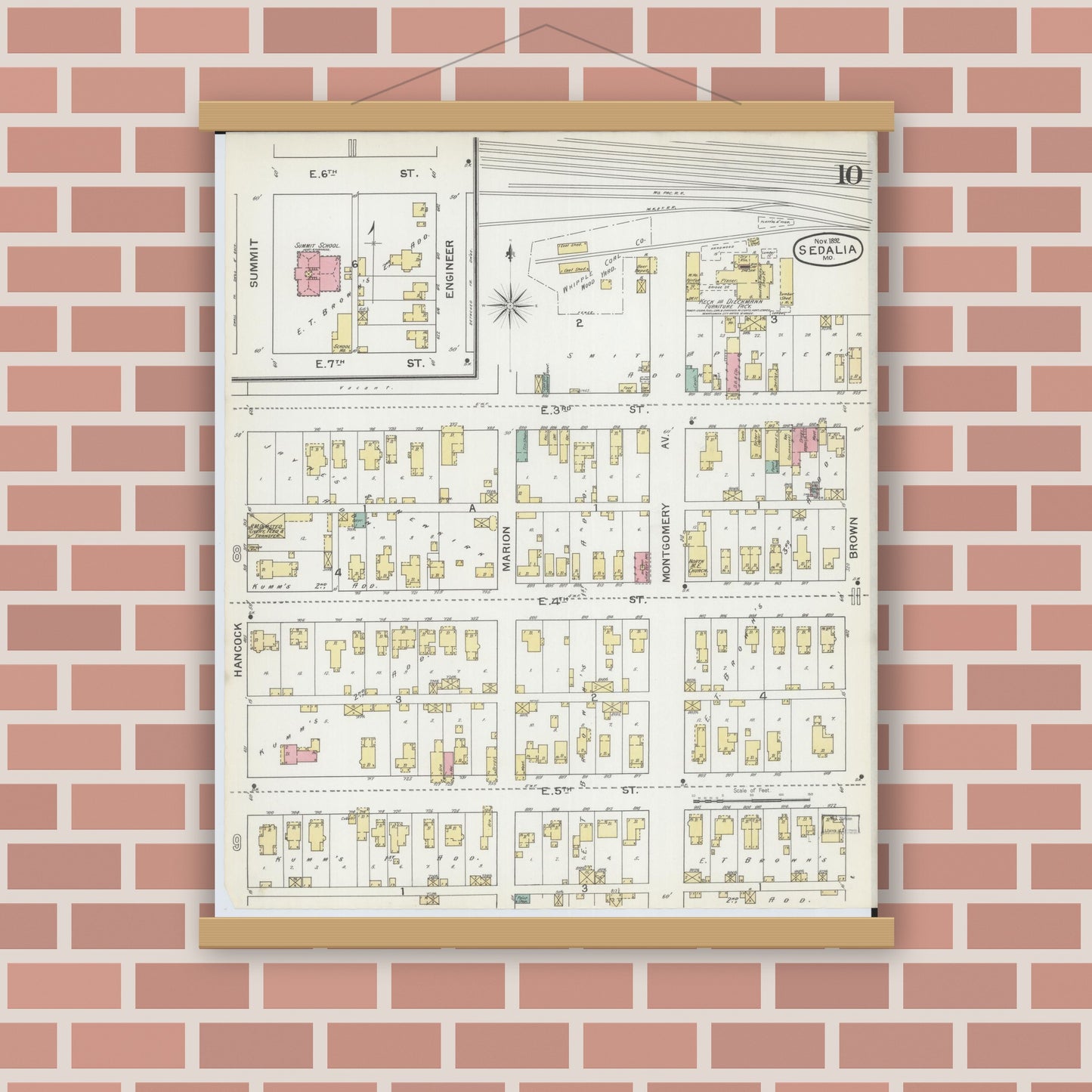 Old map wall art mockup — magnetic wood frame on brick wall — Sanborn Fire Insurance Map from Sedalia, Pettis County, Missouri (1892), Sheet #0010