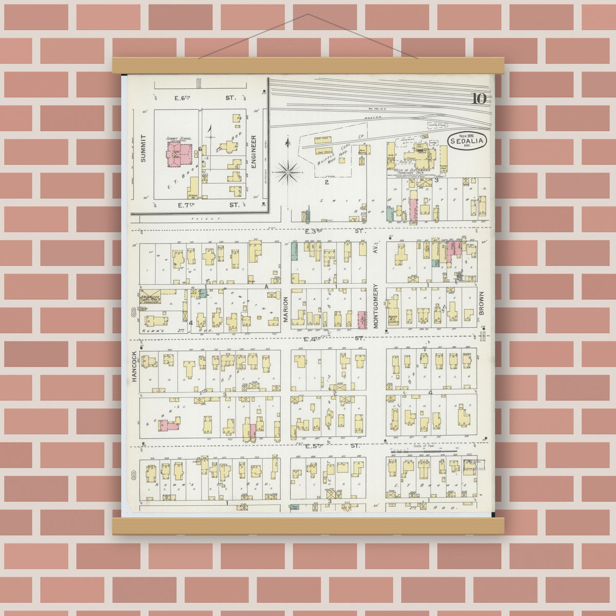 Old map wall art mockup — magnetic wood frame on brick wall — Sanborn Fire Insurance Map from Sedalia, Pettis County, Missouri (1892), Sheet #0010