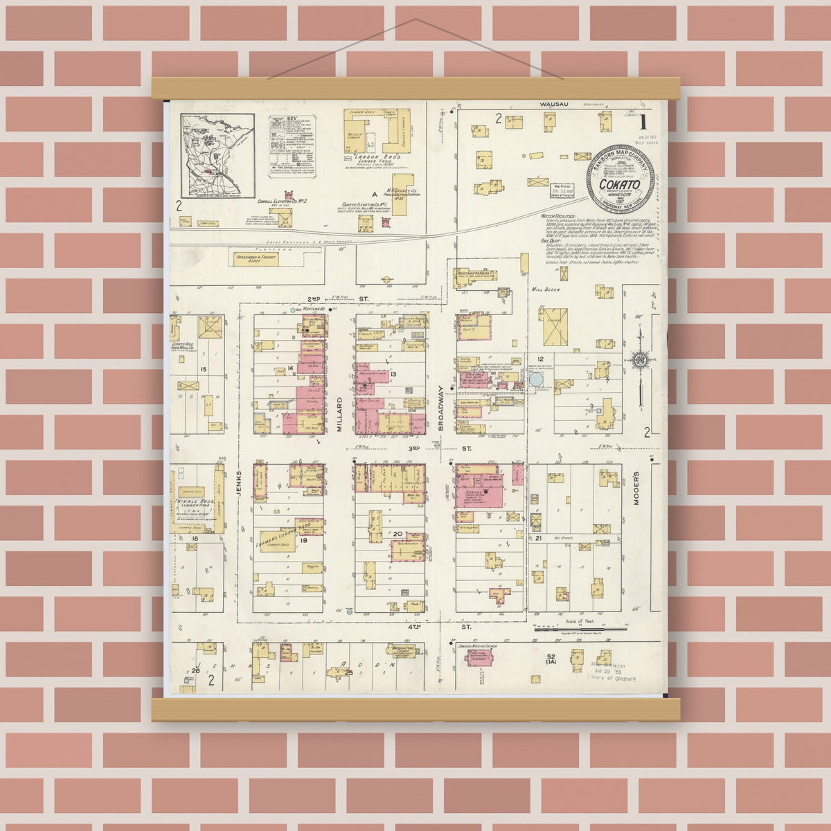Old map wall art mockup — magnetic wood frame on brick wall — Sanborn Fire Insurance Map from Cokato, Wright County, Minnesota (1917), Sheet #0001