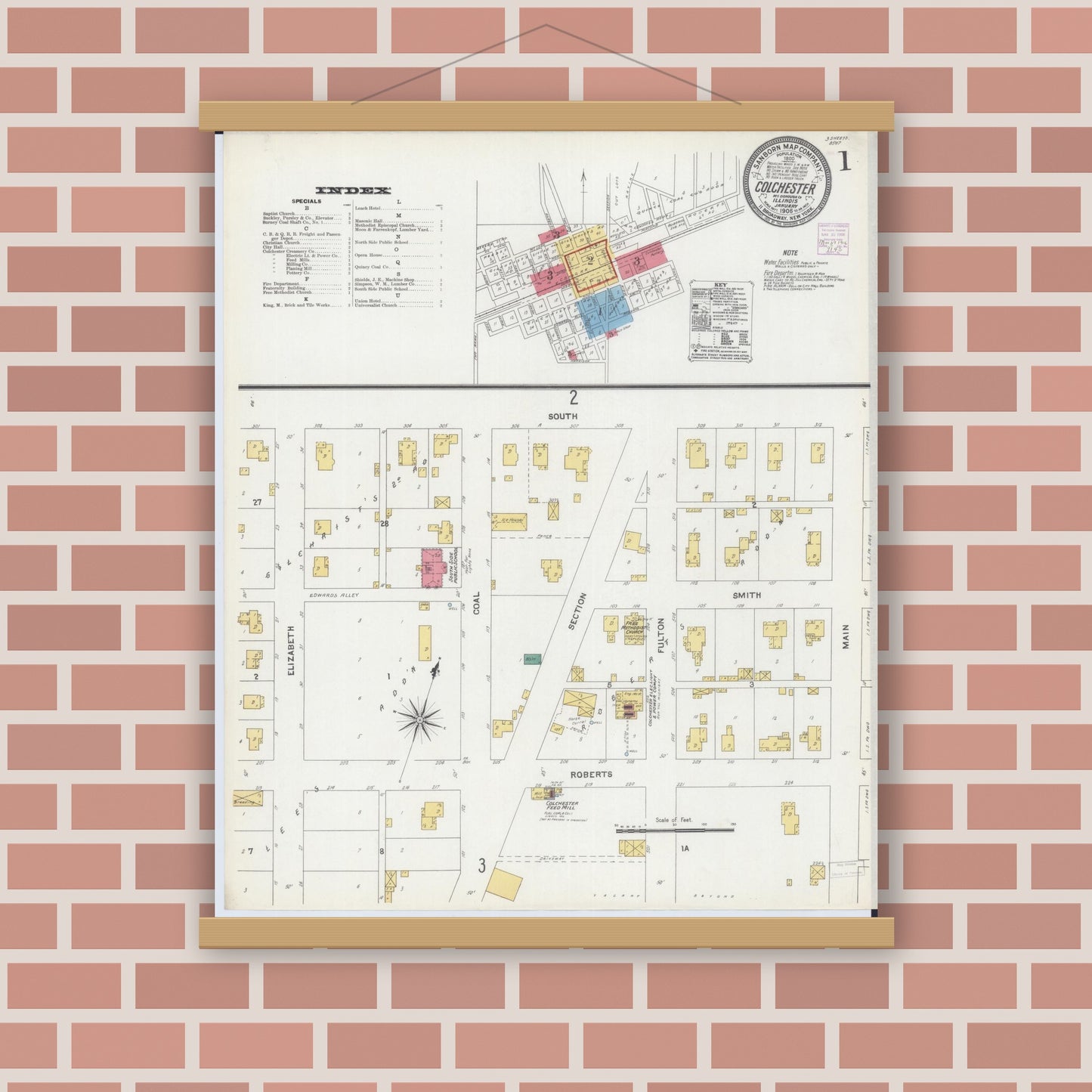 Old map wall art mockup — magnetic wood frame on brick wall — Sanborn Fire Insurance Map from Colchester, Mcdonough County, Illinois (1906) - Complete Map Set
