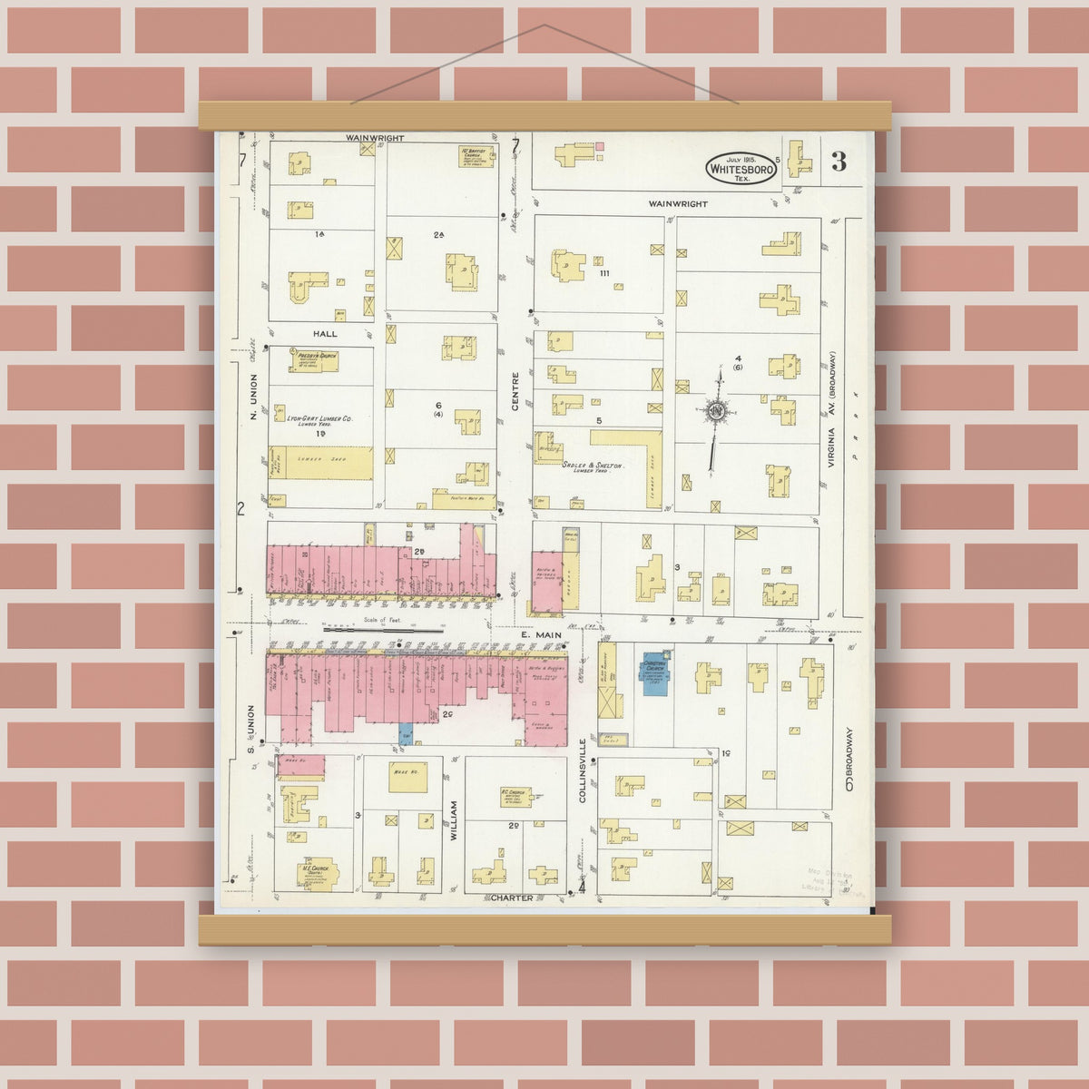 Old map wall art mockup — magnetic wood frame on brick wall — Sanborn Fire Insurance Map from Whitesboro, Grayson County, Texas (1915), Sheet #0003