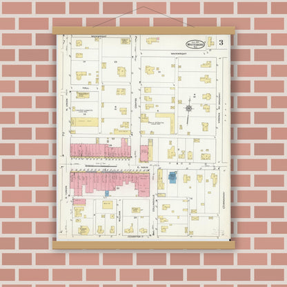 Old map wall art mockup — magnetic wood frame on brick wall — Sanborn Fire Insurance Map from Whitesboro, Grayson County, Texas (1915), Sheet #0003