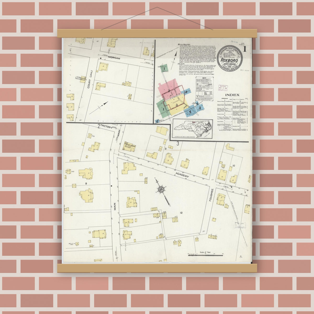 Old map wall art mockup — magnetic wood frame on brick wall — Sanborn Fire Insurance Map from Roxboro, Person County, North Carolina (1914), Sheet #0001