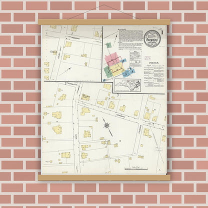 Old map wall art mockup — magnetic wood frame on brick wall — Sanborn Fire Insurance Map from Roxboro, Person County, North Carolina (1914), Sheet #0001