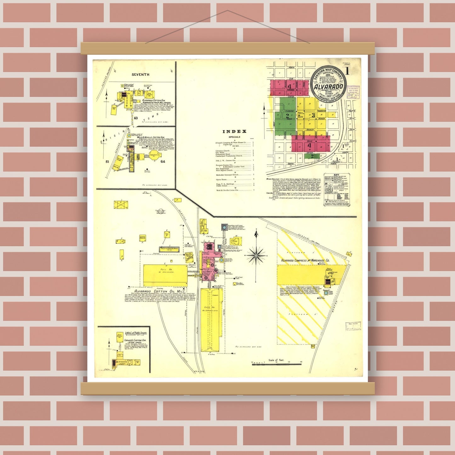 Old map wall art mockup — magnetic wood frame on brick wall — Sanborn Fire Insurance Map from Alvarado, Johnson County, Texas (1907), Sheet #0001