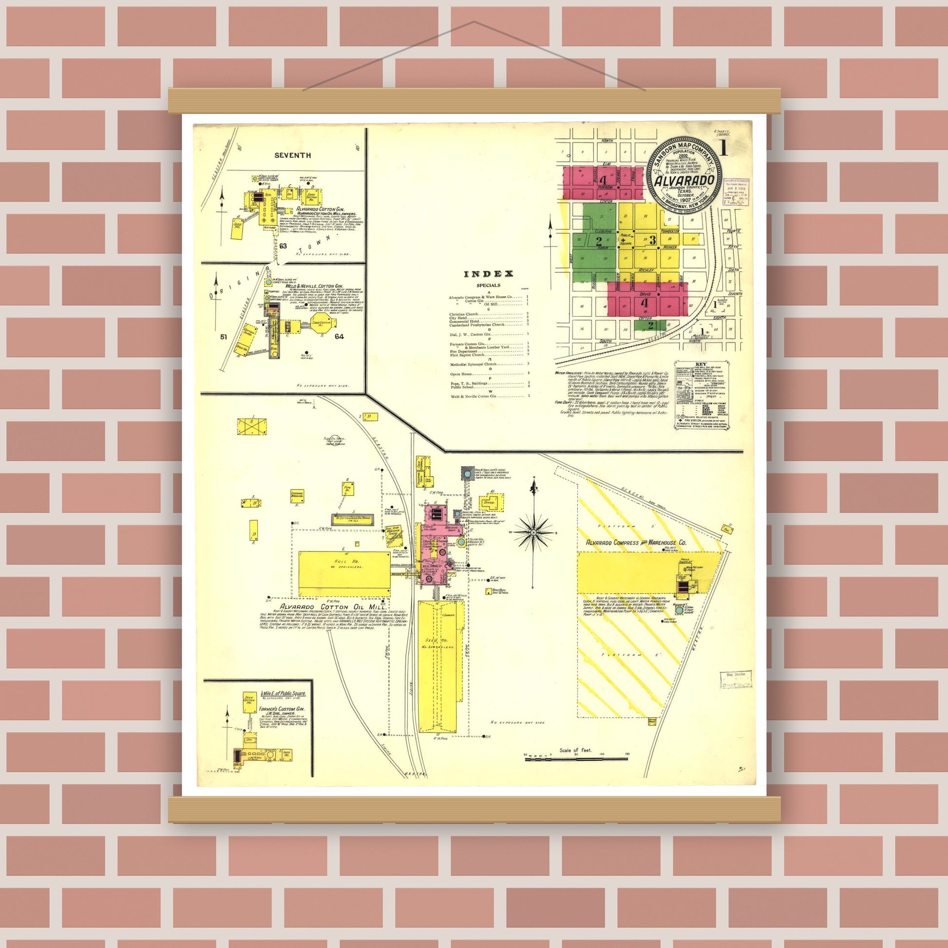 Old map wall art mockup — magnetic wood frame on brick wall — Sanborn Fire Insurance Map from Alvarado, Johnson County, Texas (1907), Sheet #0001