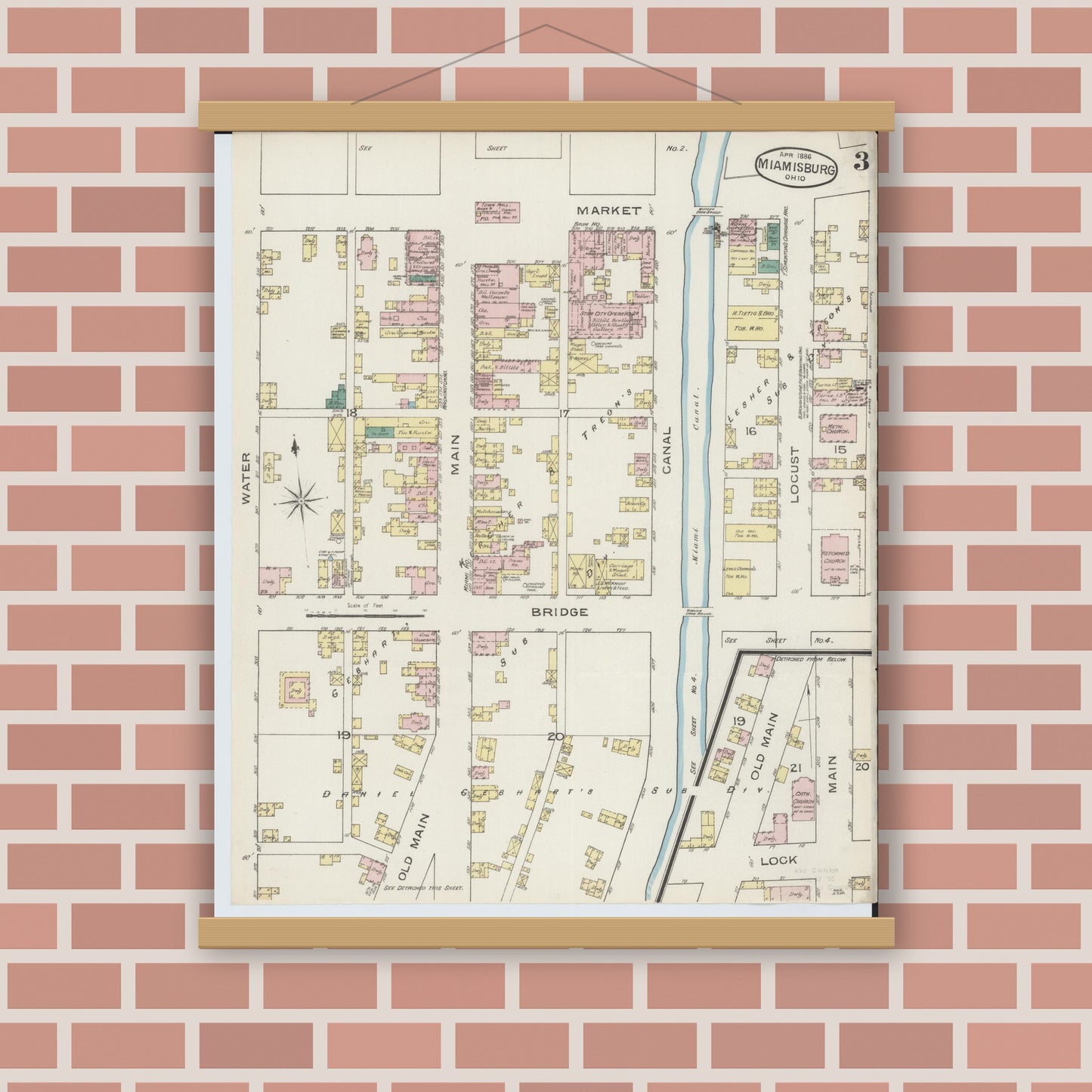 Old map wall art mockup — magnetic wood frame on brick wall — Sanborn Fire Insurance Map from Miamisburg, Montgomery County, Ohio (1886), Sheet #0003