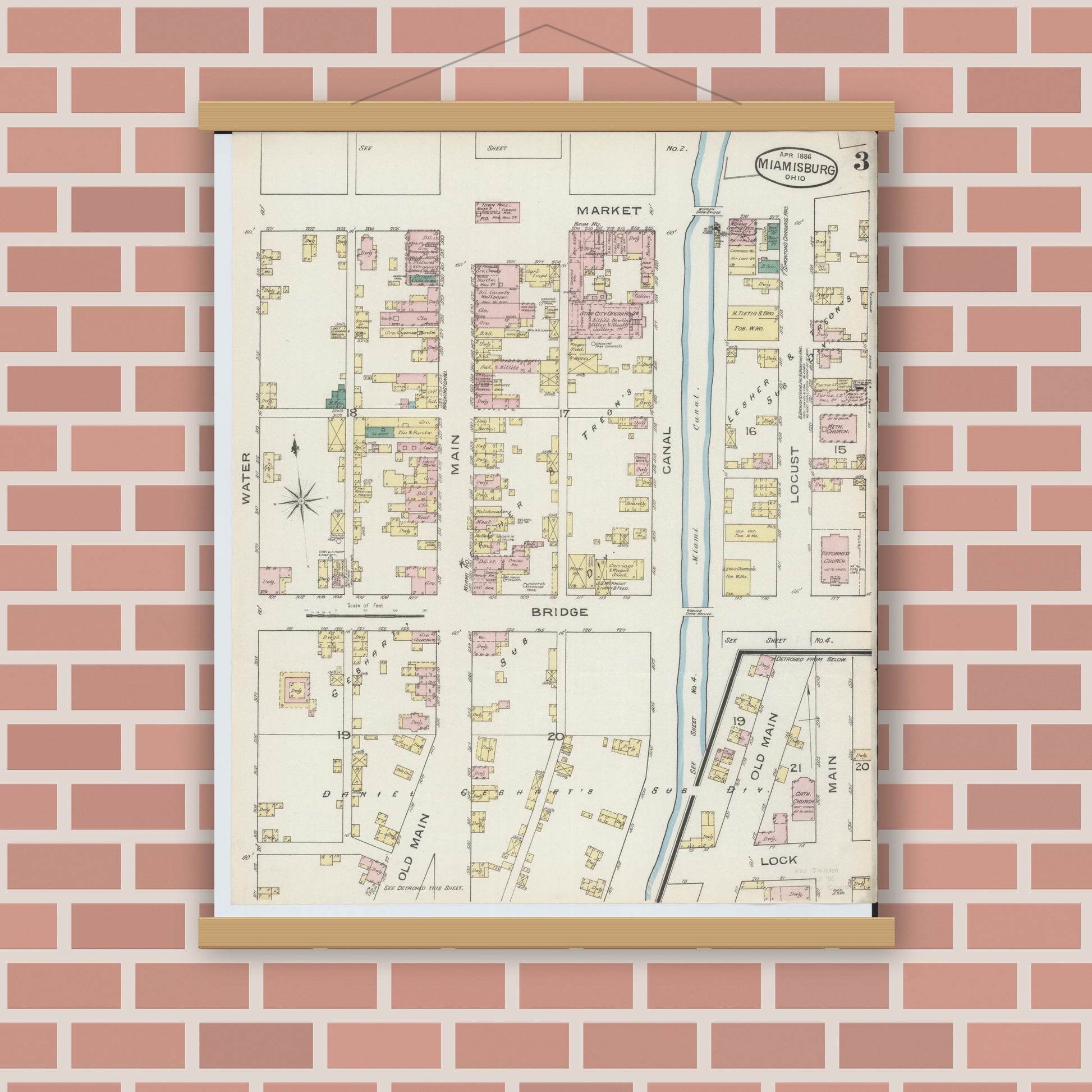Old map wall art mockup — magnetic wood frame on brick wall — Sanborn Fire Insurance Map from Miamisburg, Montgomery County, Ohio (1886), Sheet #0003