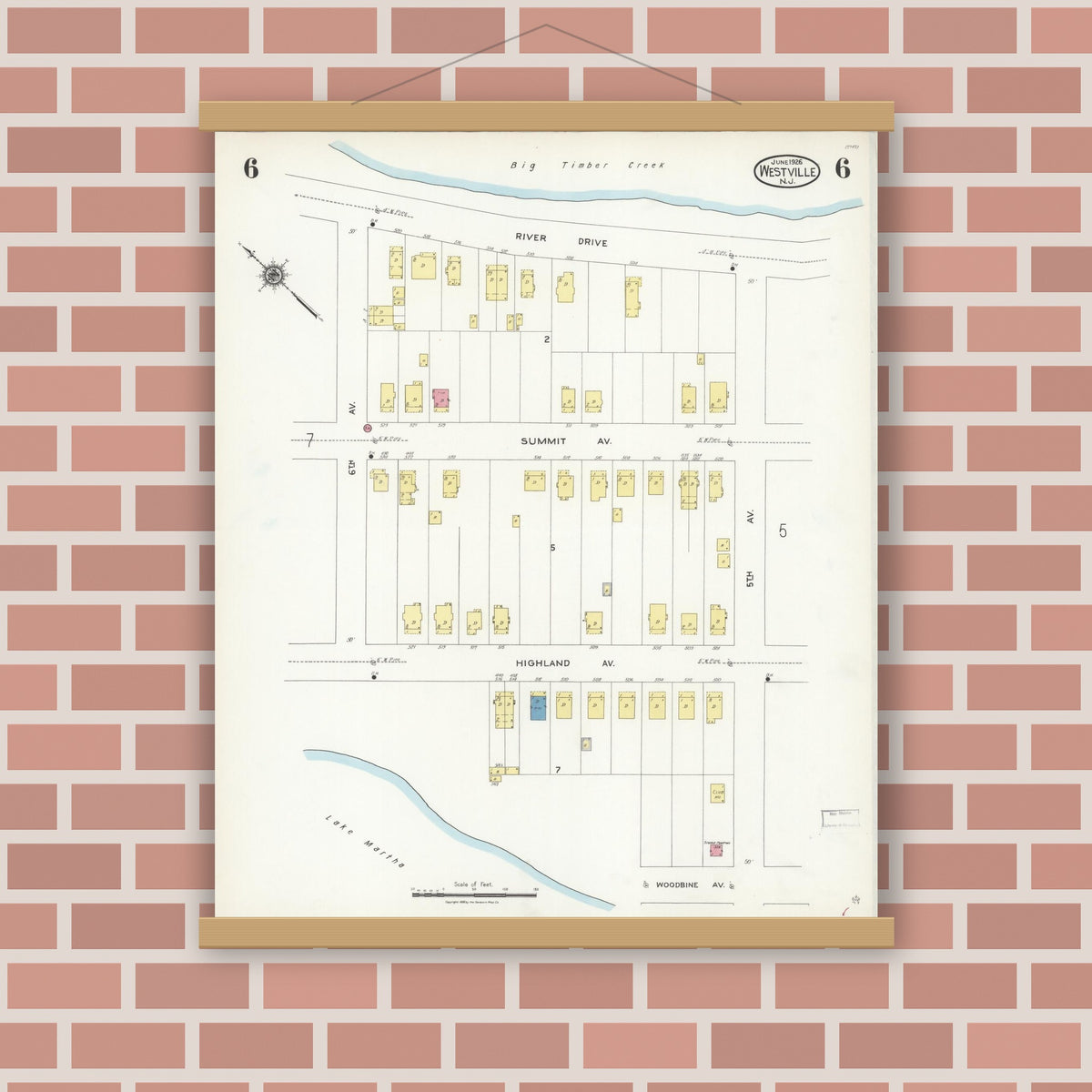 Old map wall art mockup — magnetic wood frame on brick wall — Sanborn Fire Insurance Map from Westville, Gloucester County, New Jersey (1926), Sheet #0006