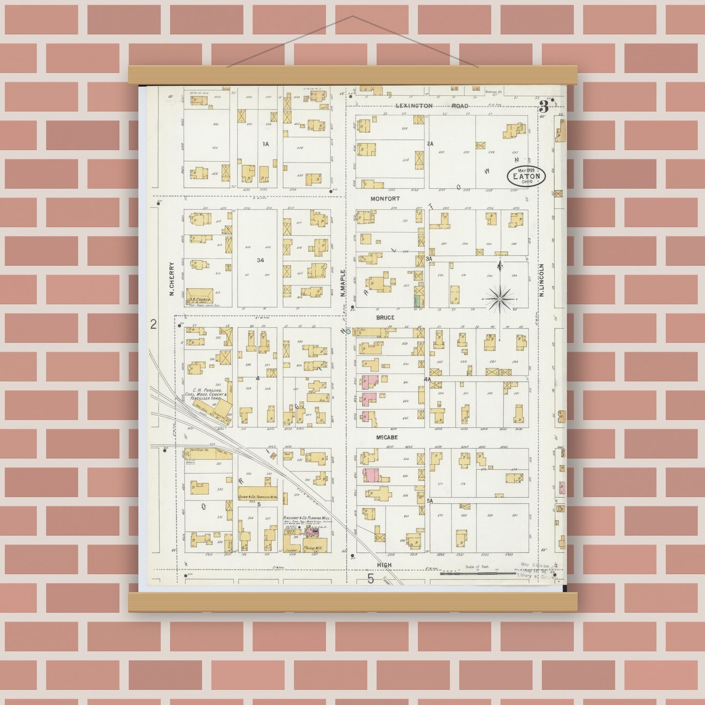 Old map wall art mockup — magnetic wood frame on brick wall — Sanborn Fire Insurance Map from Eaton, Preble County, Ohio (1899), Sheet #0003