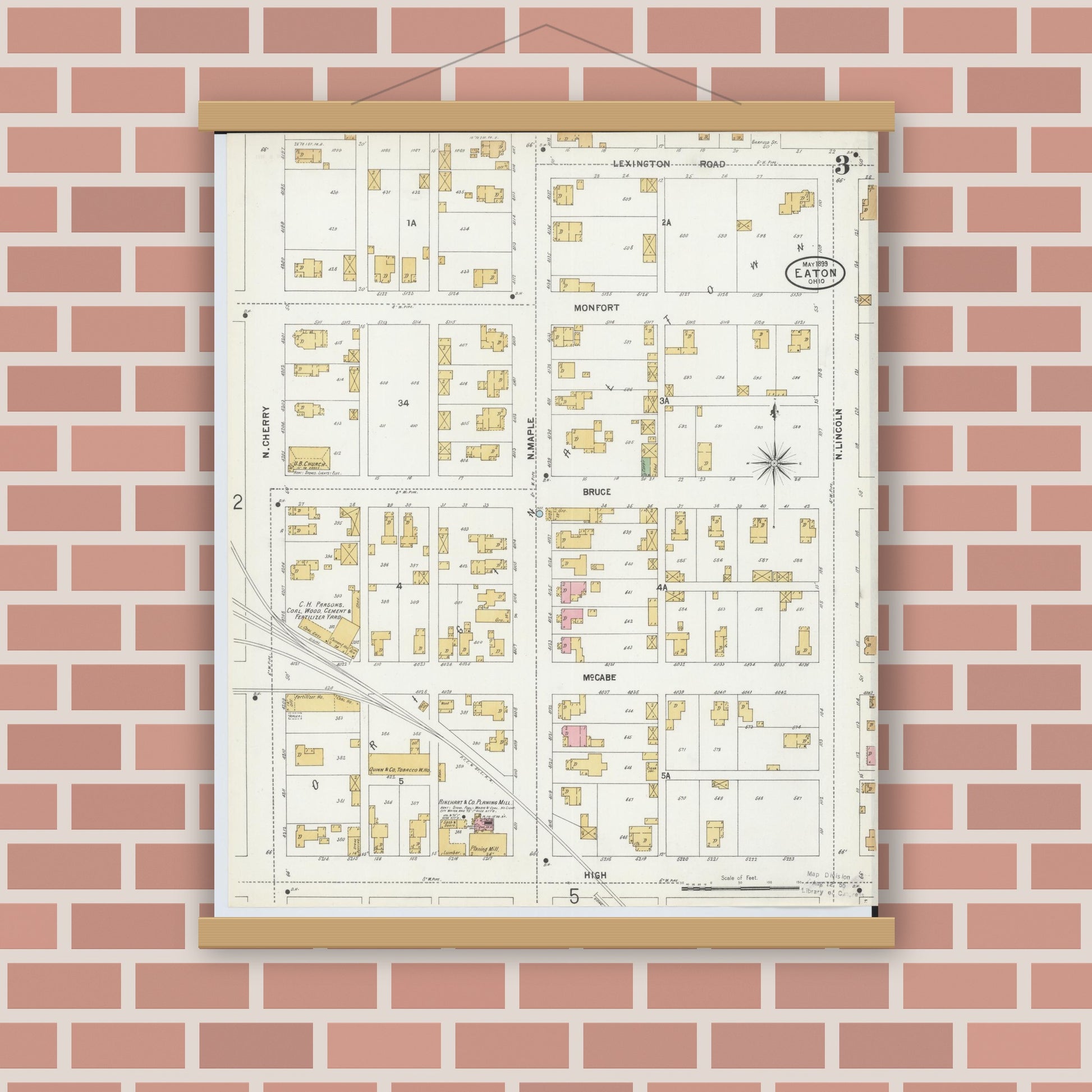 Old map wall art mockup — magnetic wood frame on brick wall — Sanborn Fire Insurance Map from Eaton, Preble County, Ohio (1899), Sheet #0003