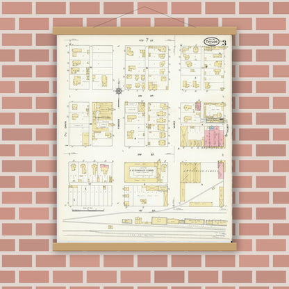 Old map wall art mockup — magnetic wood frame on brick wall — Sanborn Fire Insurance Map from Taylor, Williamson County, Texas (1912), Sheet #0003