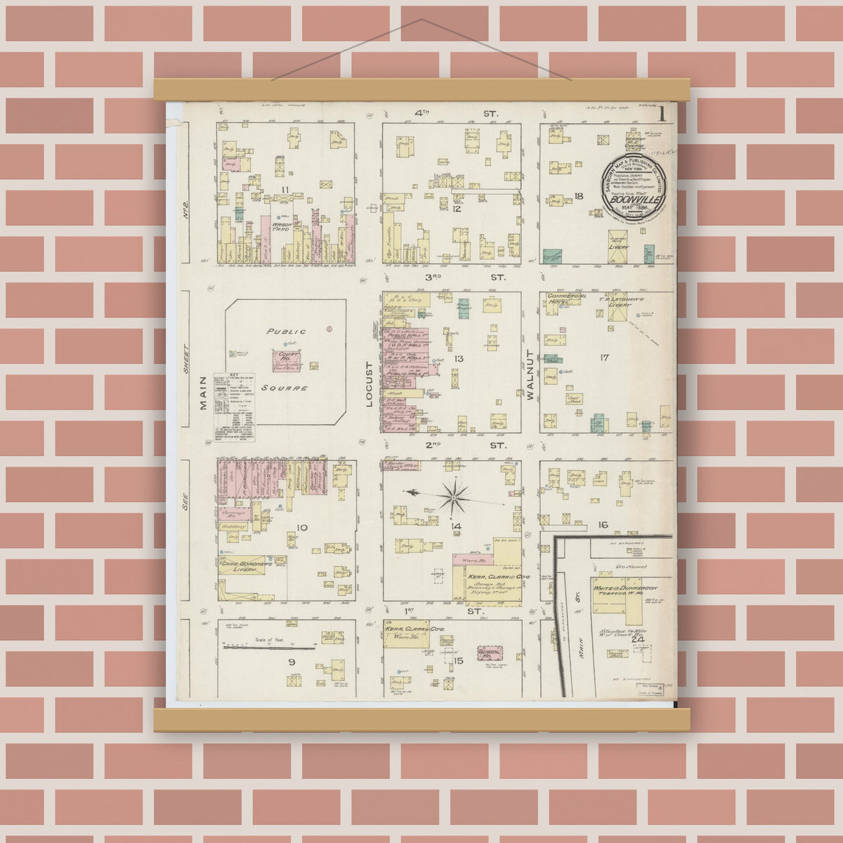 Old map wall art mockup — magnetic wood frame on brick wall — Sanborn Fire Insurance Map from Boonville, Warrick County, Indiana (1886), Sheet #0001