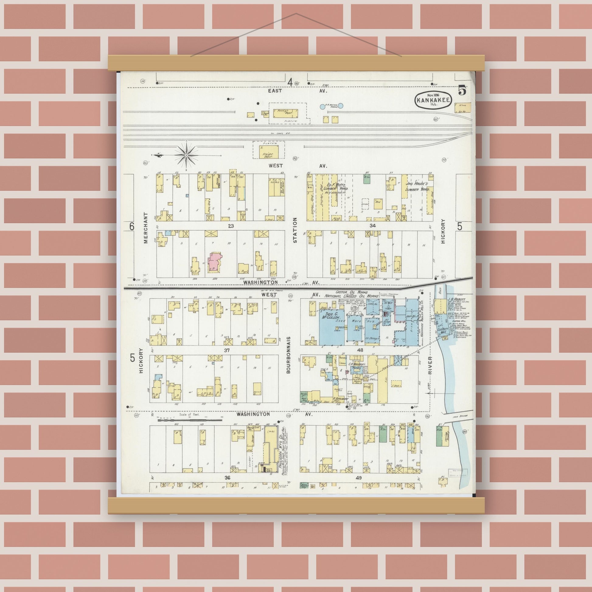 Old map wall art mockup — magnetic wood frame on brick wall — Sanborn Fire Insurance Map from Kankakee, Kankakee County, Illinois (1896), Sheet #0005