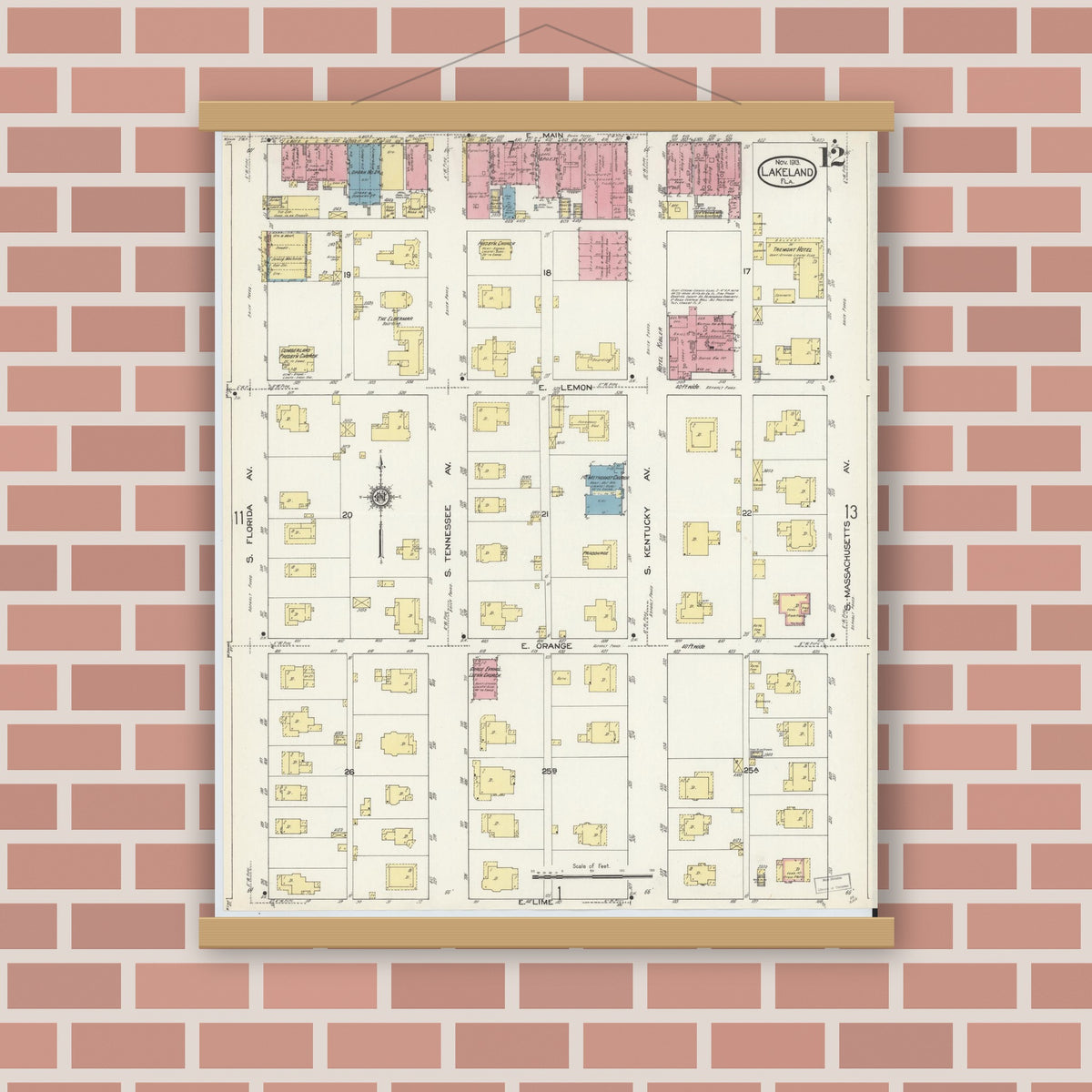 Old map wall art mockup — magnetic wood frame on brick wall — Sanborn Fire Insurance Map from Lakeland, Polk County, Florida (1913), Sheet #0012