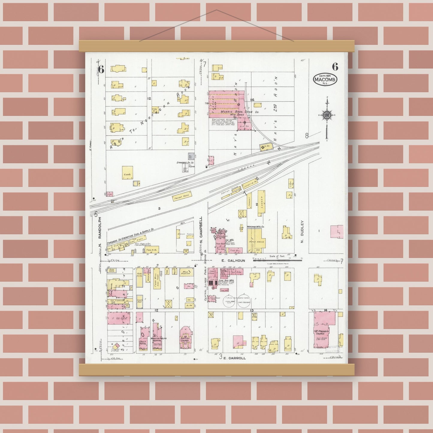 Old map wall art mockup — magnetic wood frame on brick wall — Sanborn Fire Insurance Map from Macomb, Mcdonough County, Illinois (1924), Sheet #0006