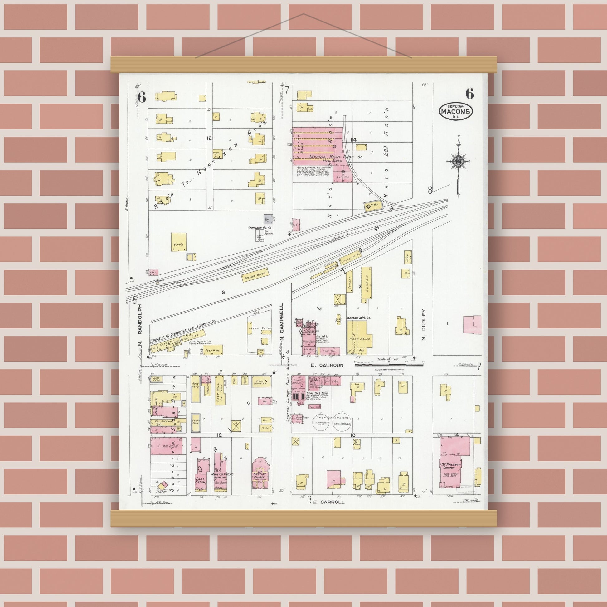 Old map wall art mockup — magnetic wood frame on brick wall — Sanborn Fire Insurance Map from Macomb, Mcdonough County, Illinois (1924), Sheet #0006
