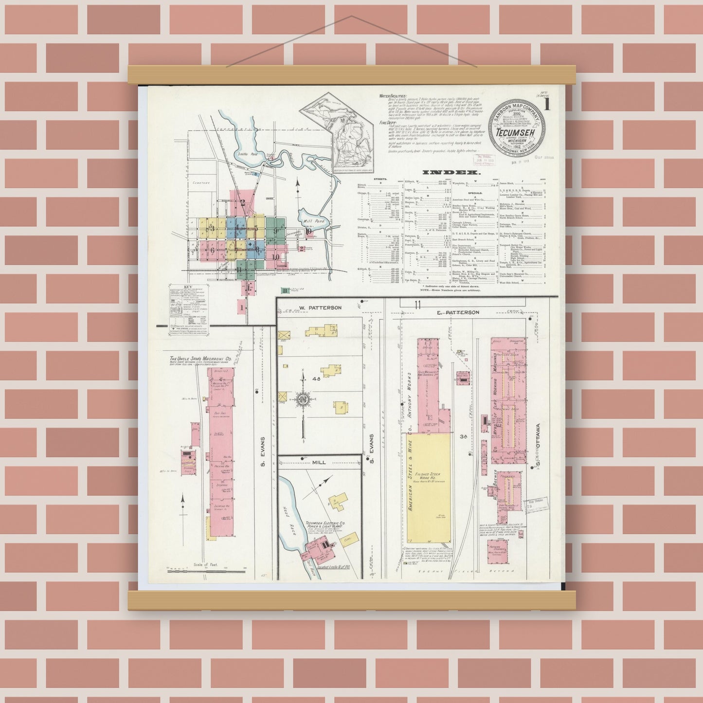 Old map wall art mockup — magnetic wood frame on brick wall — Sanborn Fire Insurance Map from Tecumseh, Lenawee County, Michigan (1912) - Complete Map Set