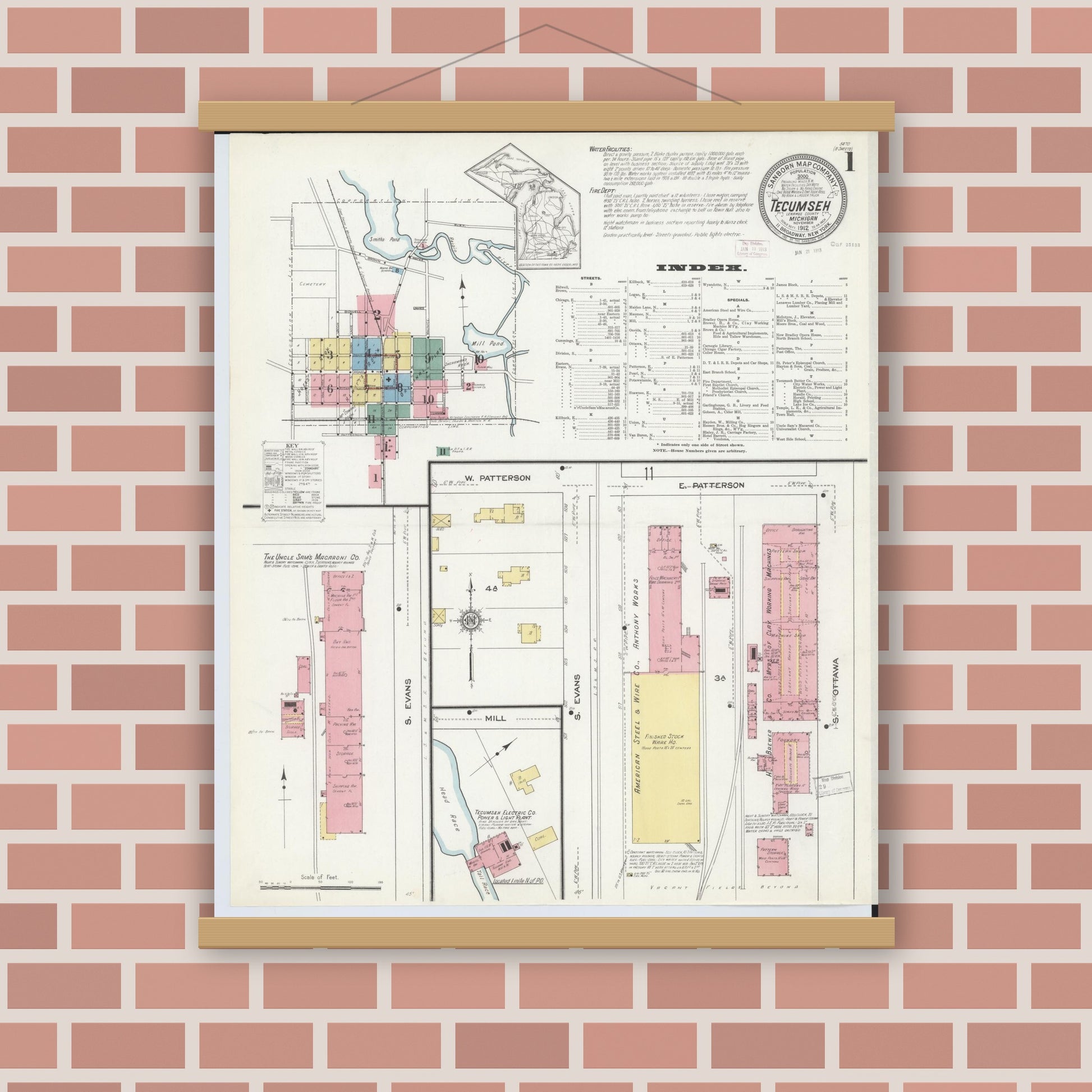Old map wall art mockup — magnetic wood frame on brick wall — Sanborn Fire Insurance Map from Tecumseh, Lenawee County, Michigan (1912) - Complete Map Set